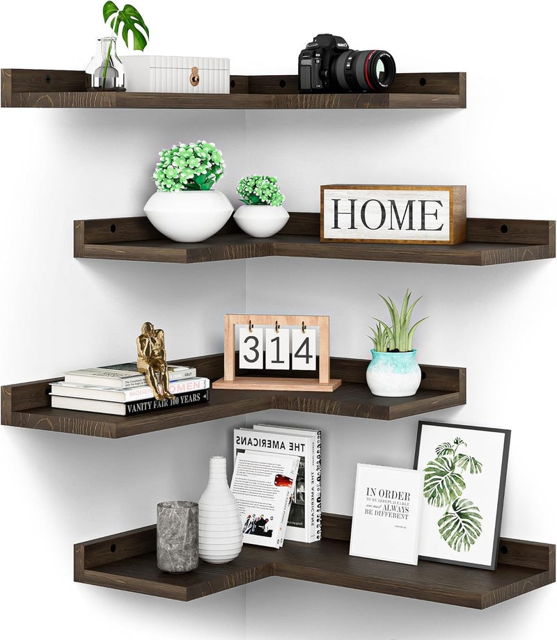 Eostbe Store Floating Corner Shelves Set of 4, Rustic Pine Wooden Floating Corner Wall Shelf for Wall Décor Storage, L Shaped Corner Shelf Wall Mount For Bedroom, Living Room, Bathroom, Kitchen, Dark Brown. - Image 1